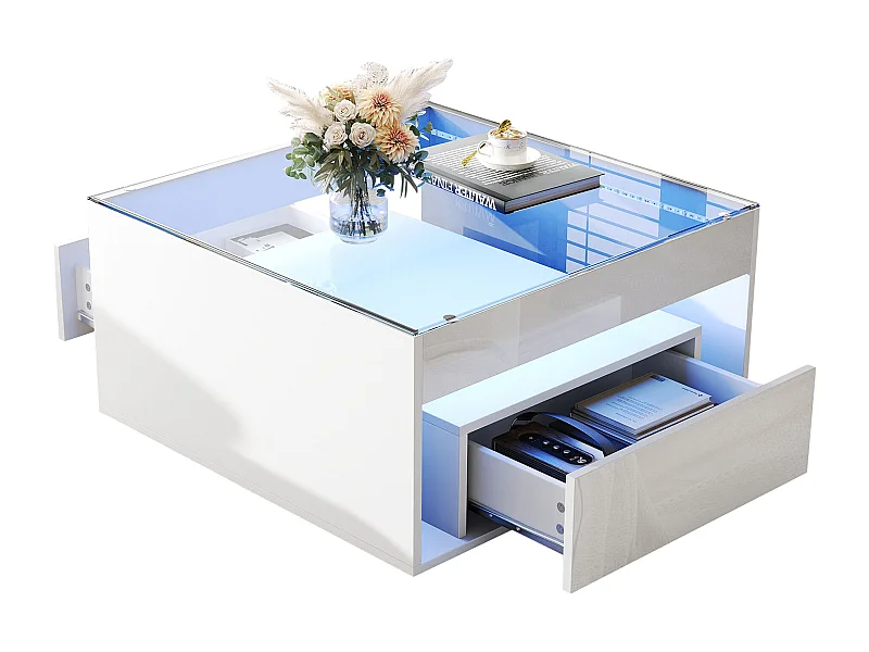 Table basse 70x70x35 cm, 2 tiroirs, éclairage LED, compartiment ouvert, MDF et verre trempé, blanc