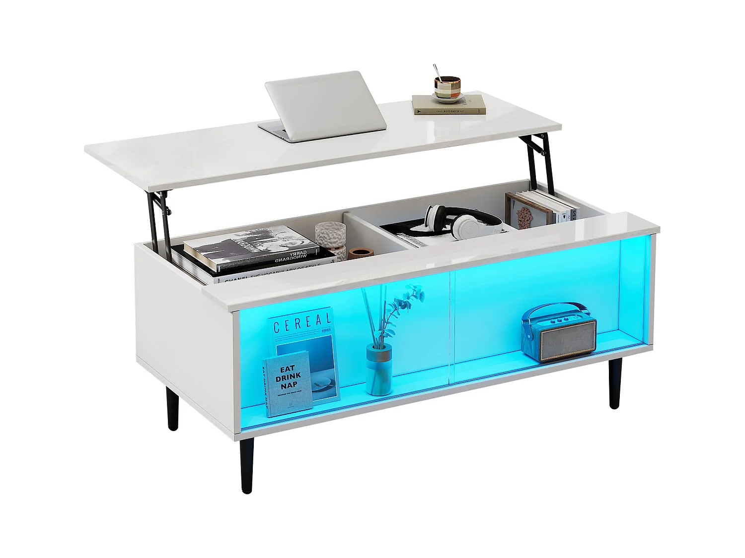 Salontafel 105x50x43 cm in hoogte verstelbaar LED verborgen opbergruimte gehard glas wit woonkamer appartement