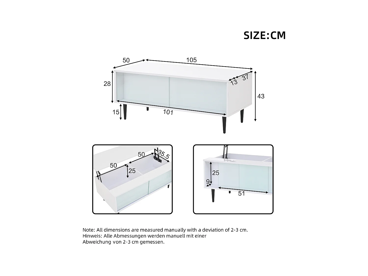 Salontafel 105x50x43 cm in hoogte verstelbaar LED verborgen opbergruimte gehard glas wit woonkamer appartement