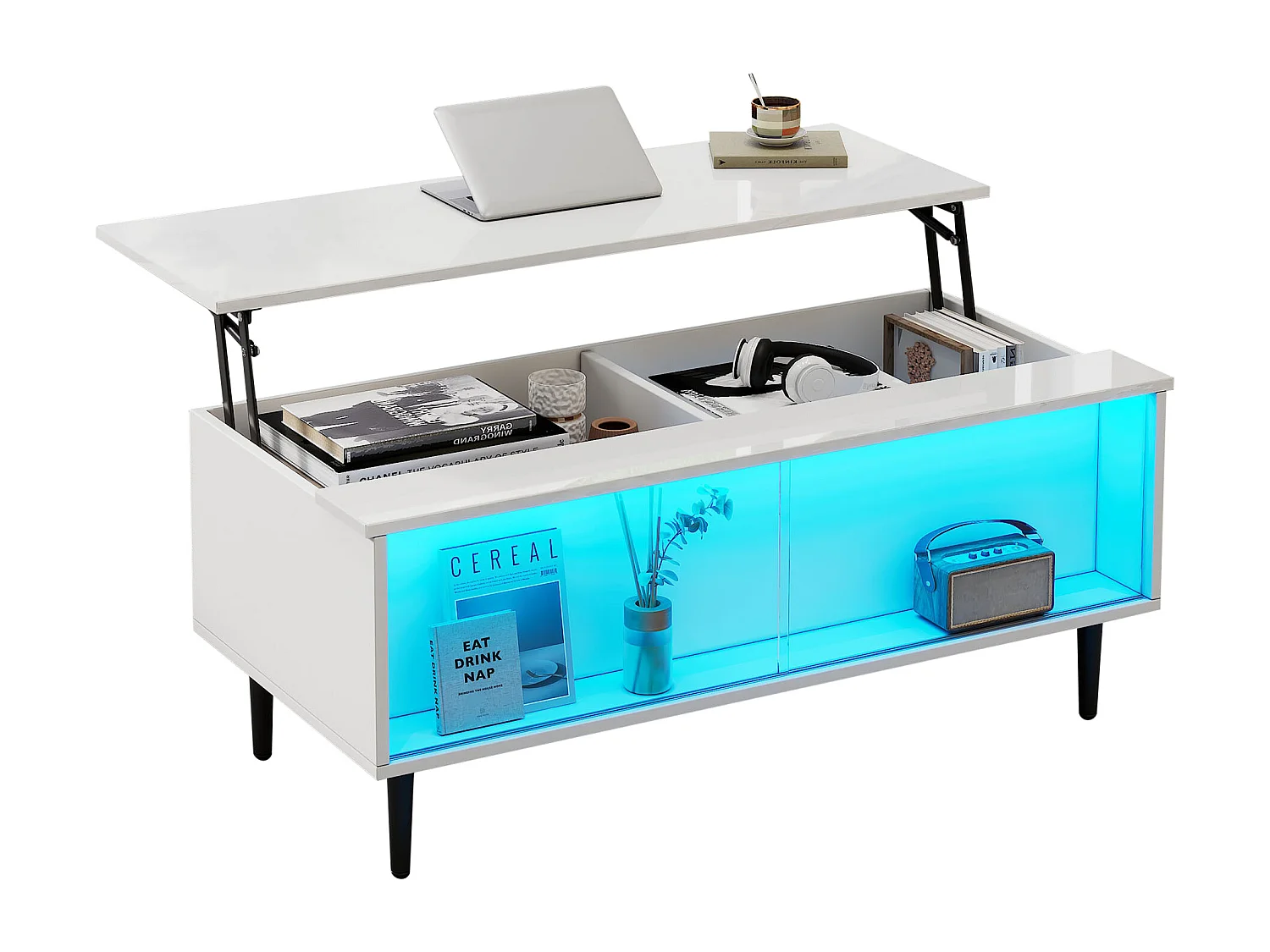 Table basse 105x50x43 cm hauteur réglable LED rangement dissimulé verre trempé blanc salon appartement