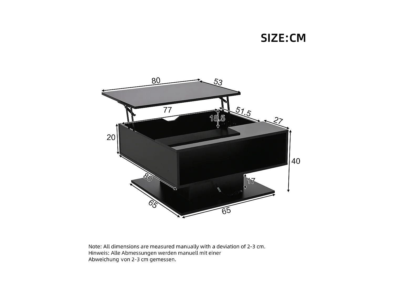 Salontafel 80x77x40 cm geïntegreerde halfopen opbergruimte zwart woonkamer appartement