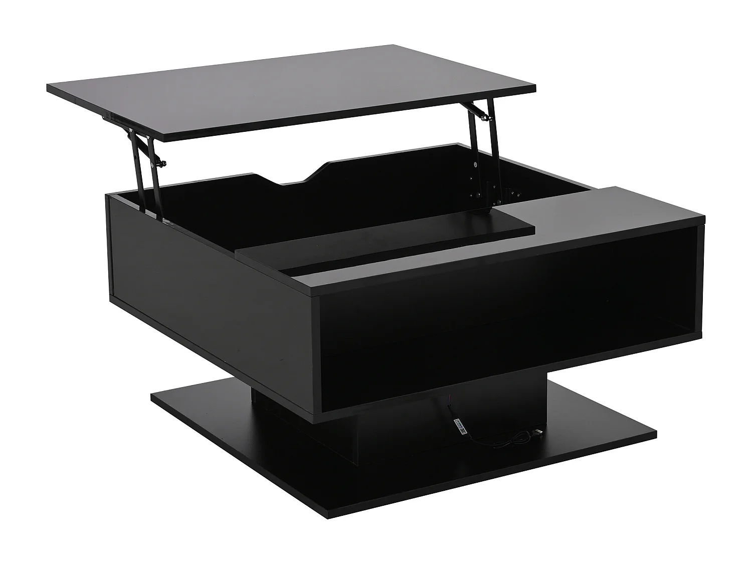 Table basse 80x75x40 cm, plateau relevable 54 cm, éclairage LED, rangement caché, panneau de particules, noir