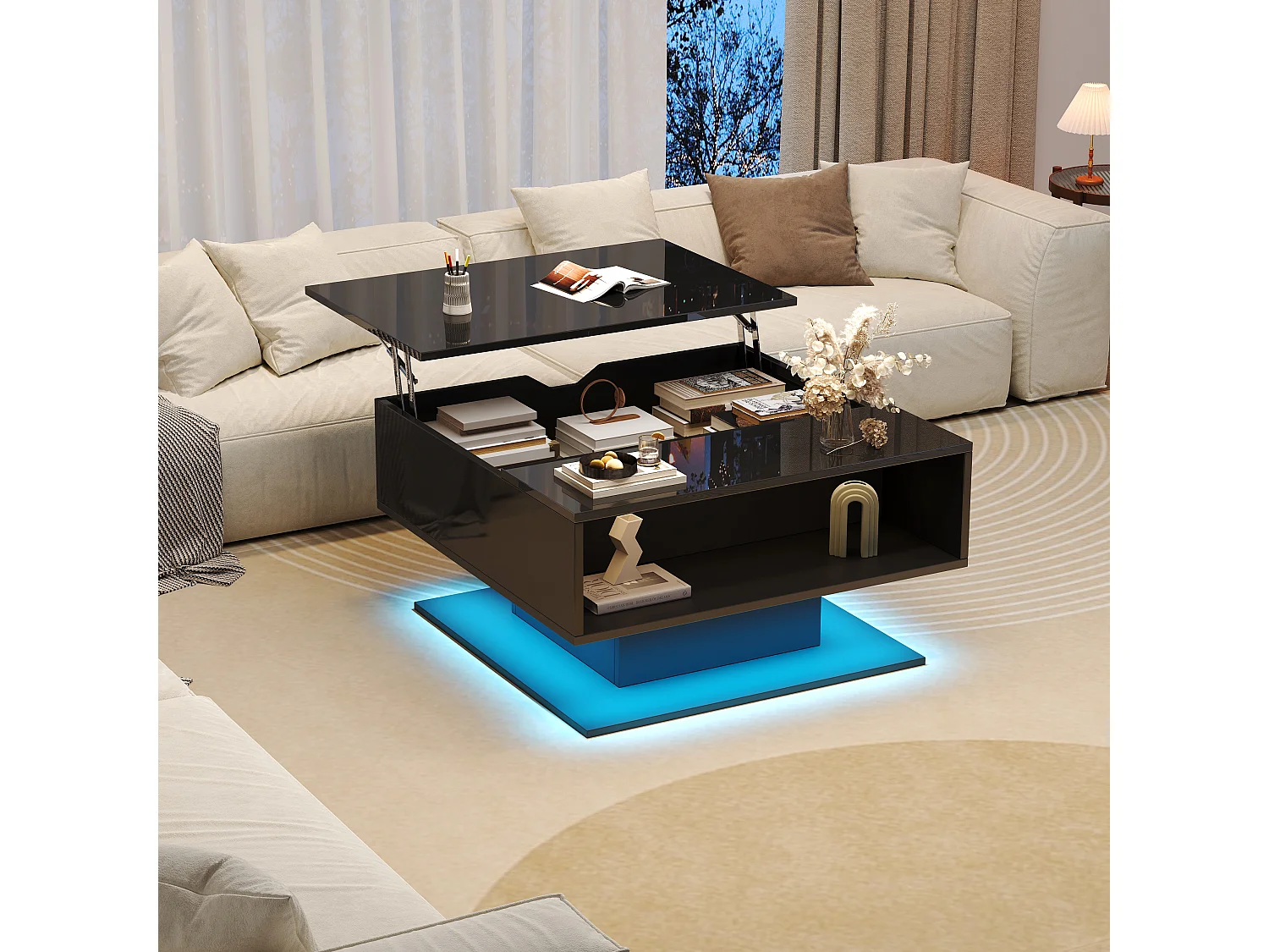 Table basse 80x75x40 cm, plateau relevable 54 cm, éclairage LED, rangement caché, panneau de particules, noir