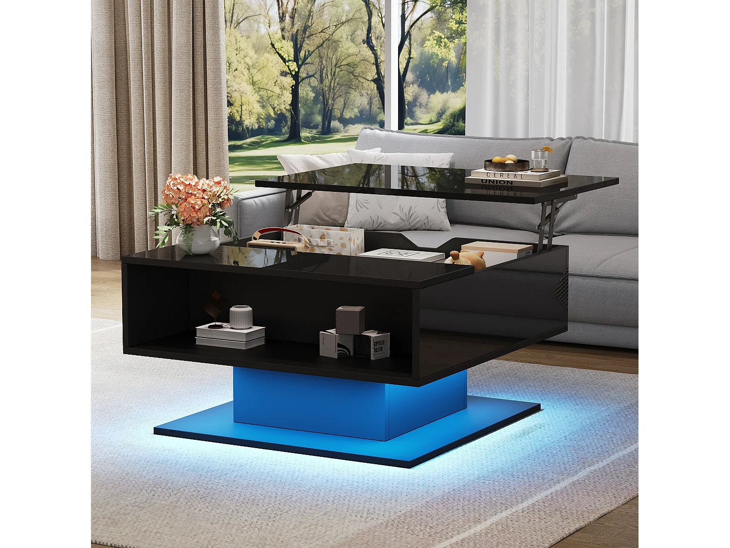 Table basse 80x75x40 cm, plateau relevable 54 cm, éclairage LED, rangement caché, panneau de particules, noir