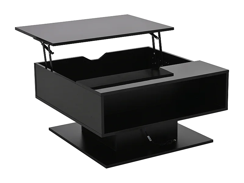 Table basse 80x75x40 cm, plateau relevable 54 cm, éclairage LED, rangement caché, panneau de particules, noir