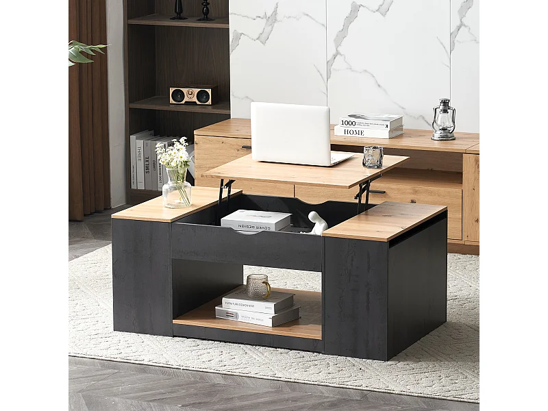 Table basse levage design élégant rangement intégré finition brillante structure grise pour salon