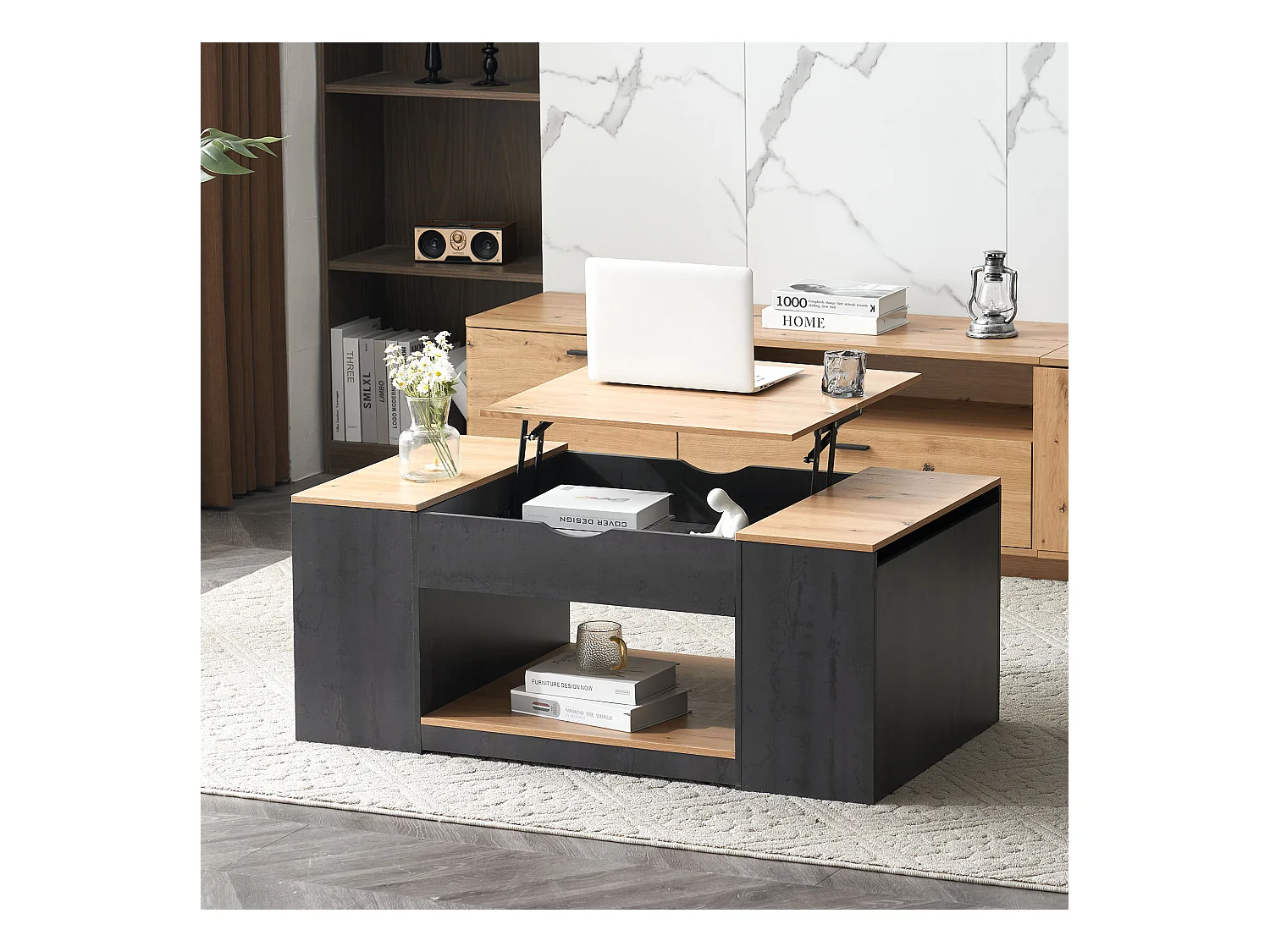 Table basse levage design élégant rangement intégré finition brillante structure grise pour salon