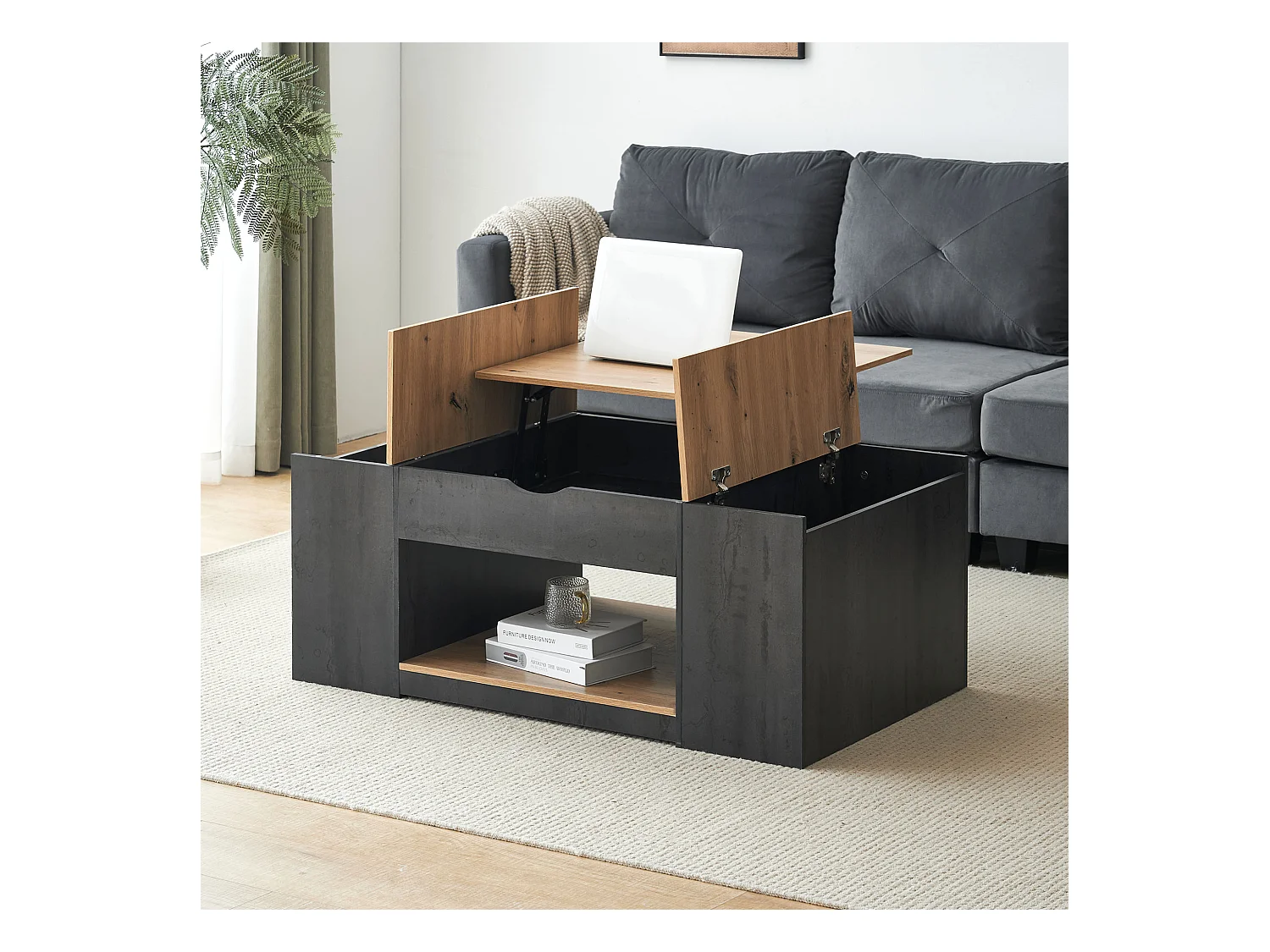 Table basse levage design élégant rangement intégré finition brillante structure grise pour salon