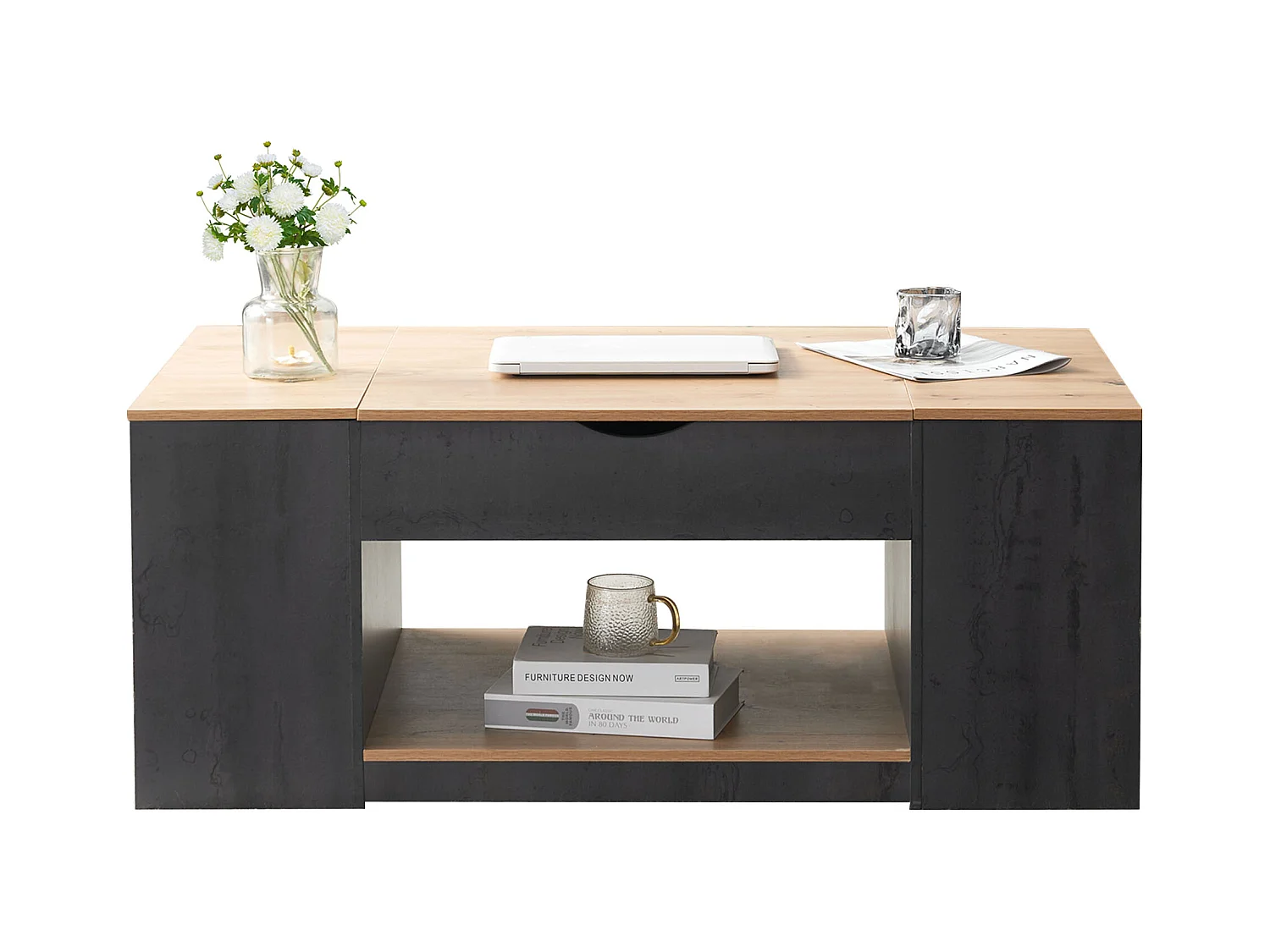 Table basse levage design élégant rangement intégré finition brillante structure grise pour salon