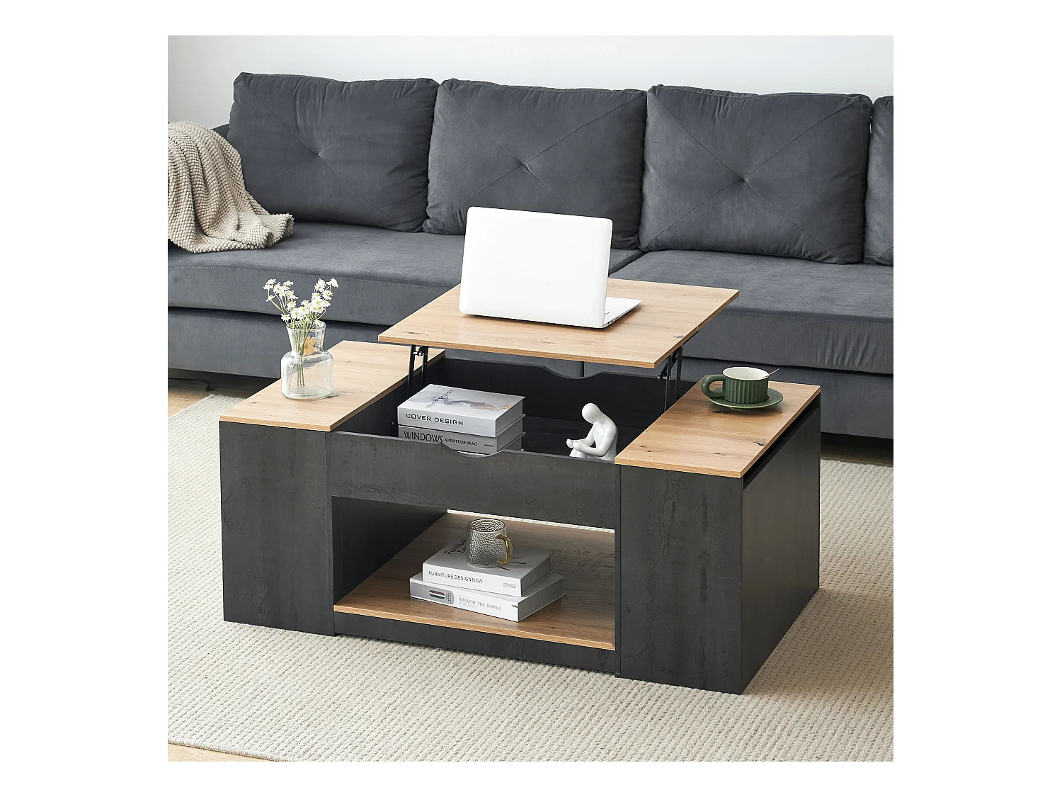 Table basse levage design élégant rangement intégré finition brillante structure grise pour salon