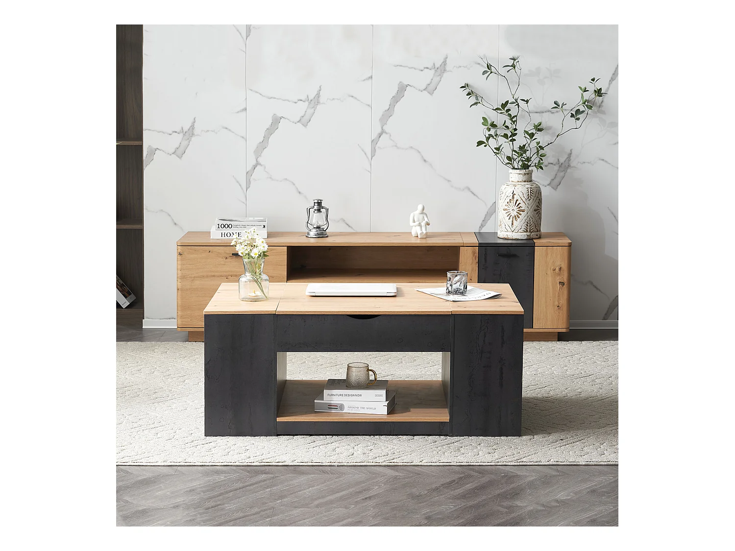 Table basse levage design élégant rangement intégré finition brillante structure grise pour salon