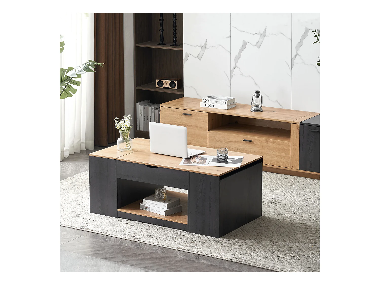 Table basse levage design élégant rangement intégré finition brillante structure grise pour salon