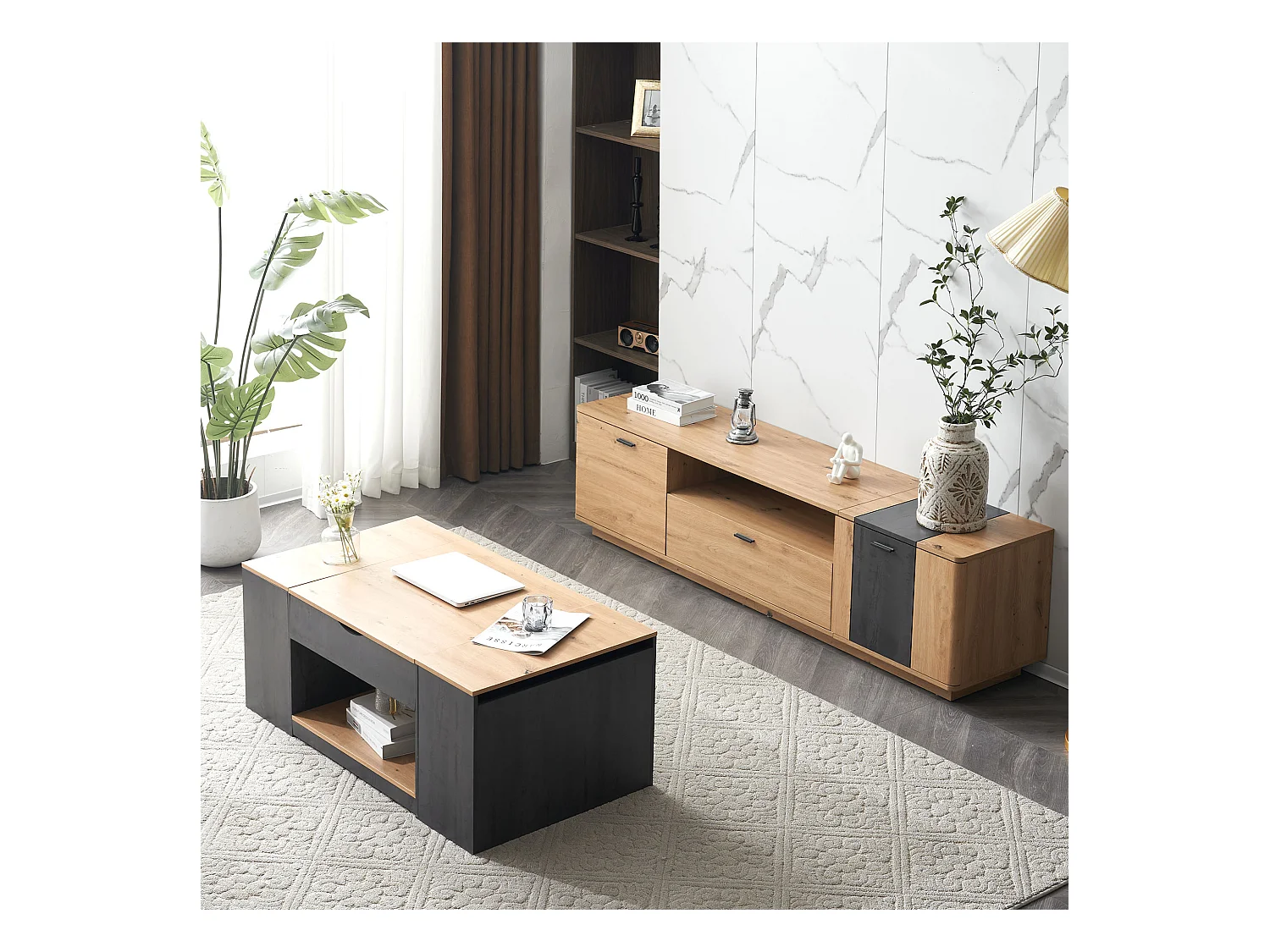 Table basse levage design élégant rangement intégré finition brillante structure grise pour salon