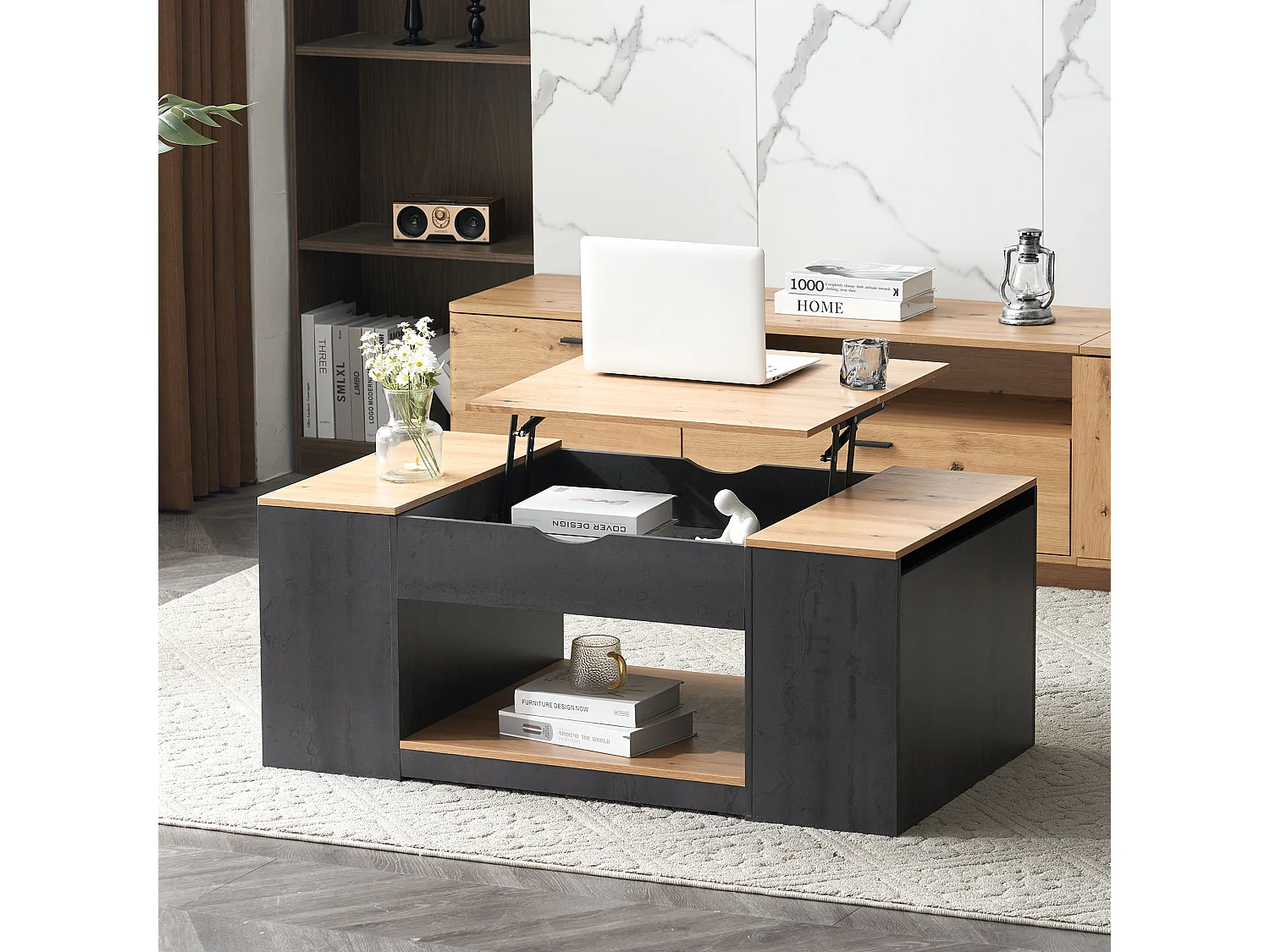 Table basse levage design élégant rangement intégré finition brillante structure grise pour salon