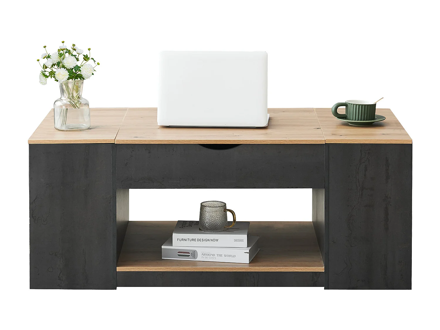 Table basse levage design élégant rangement intégré finition brillante structure grise pour salon