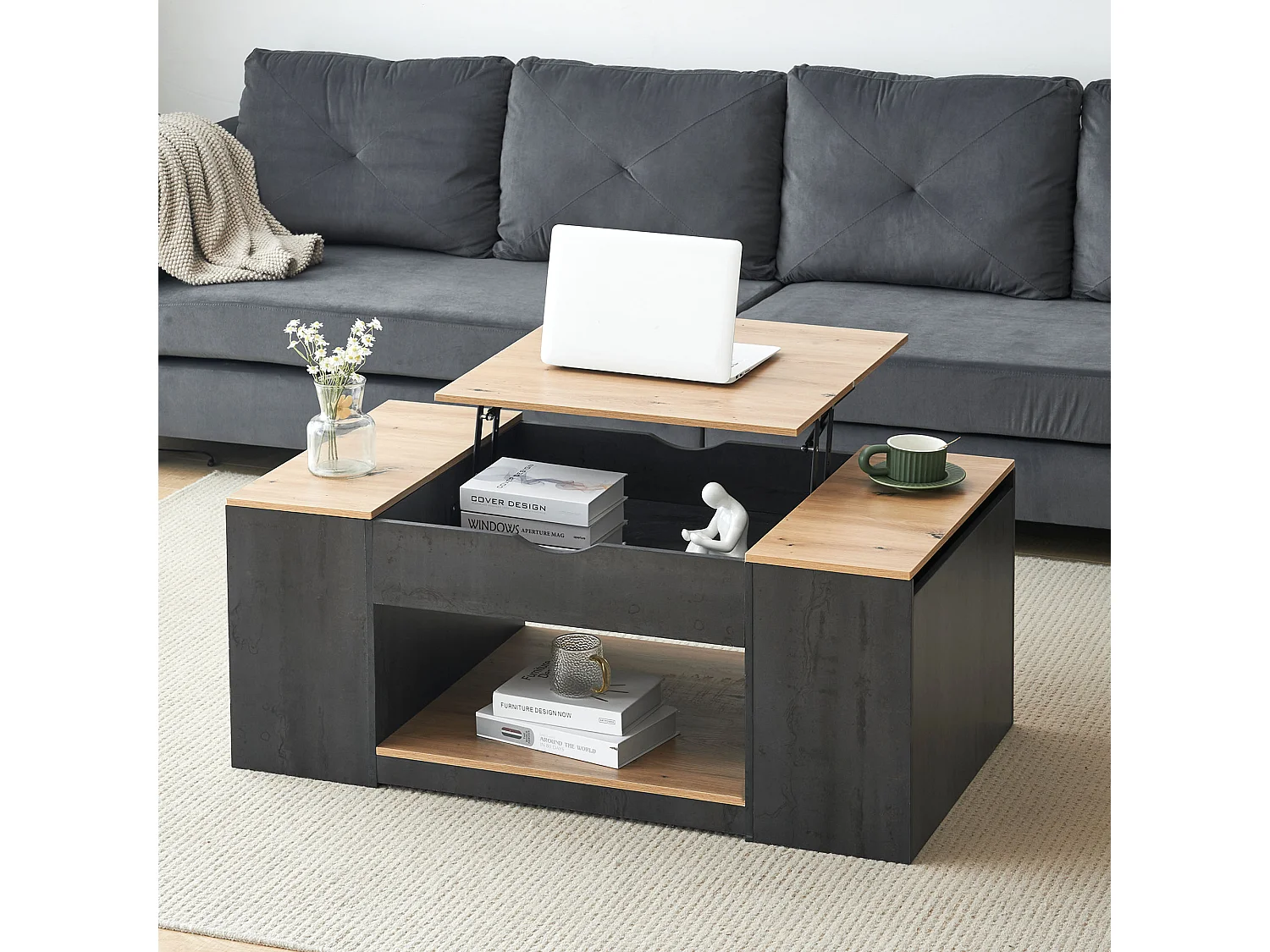 Table basse levage design élégant rangement intégré finition brillante structure grise pour salon