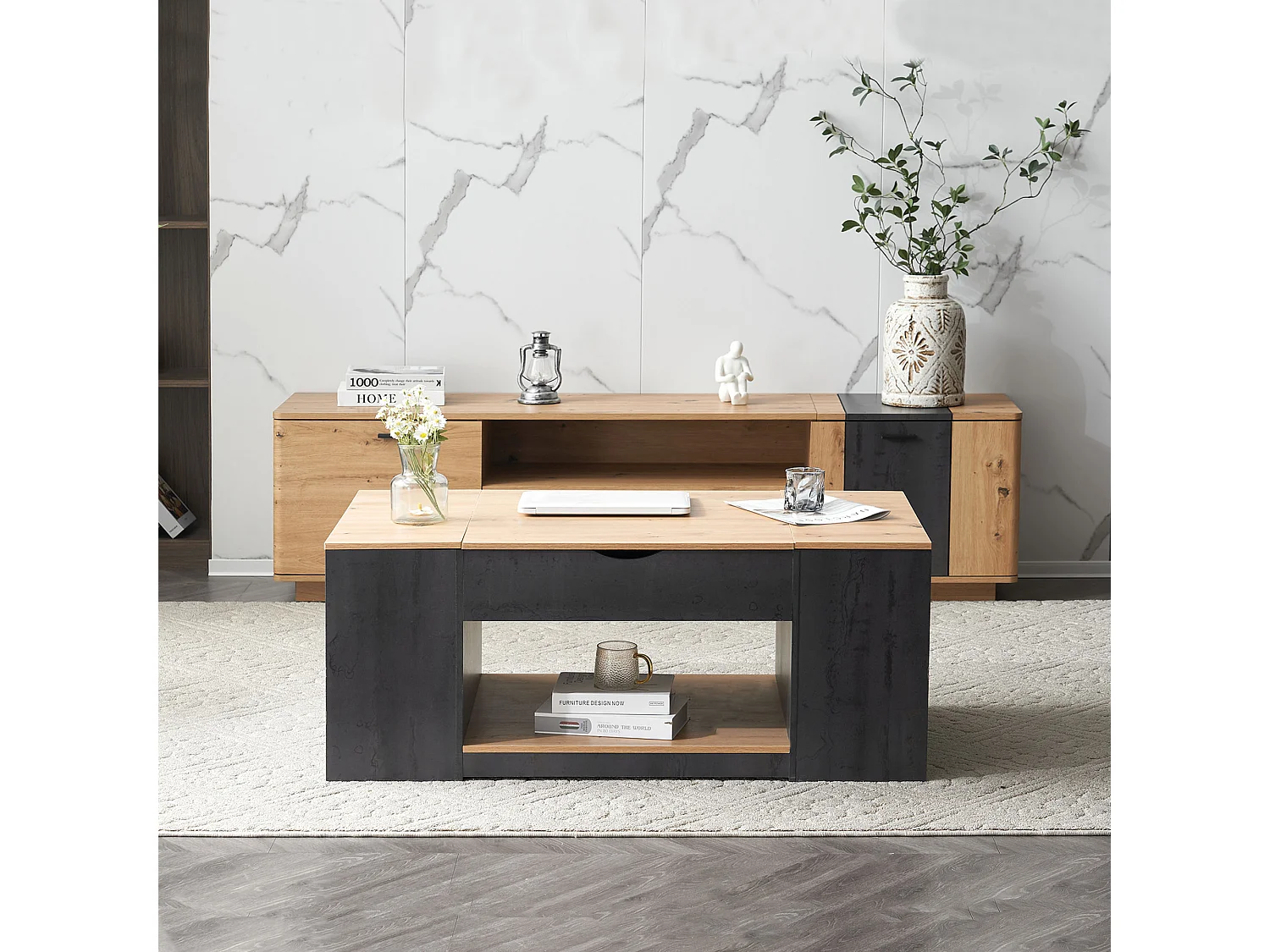 Table basse levage design élégant rangement intégré finition brillante structure grise pour salon