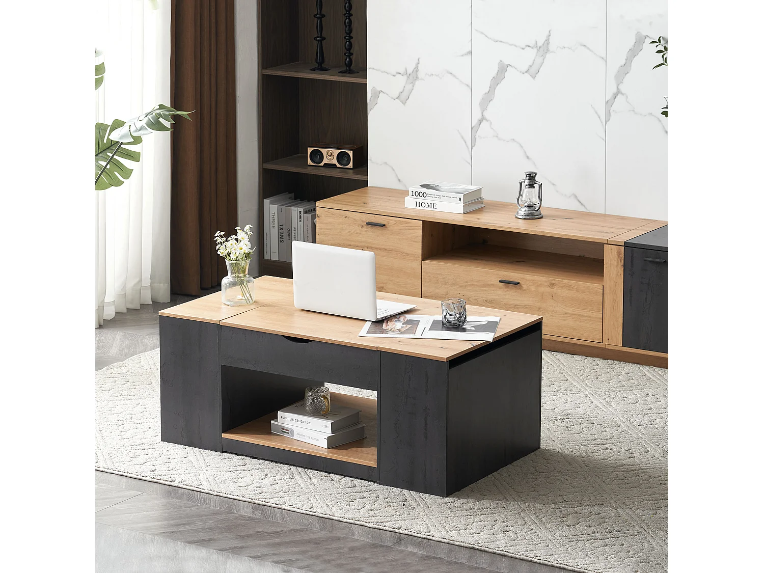 Table basse levage design élégant rangement intégré finition brillante structure grise pour salon