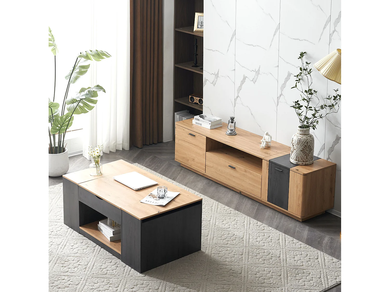 Table basse levage design élégant rangement intégré finition brillante structure grise pour salon