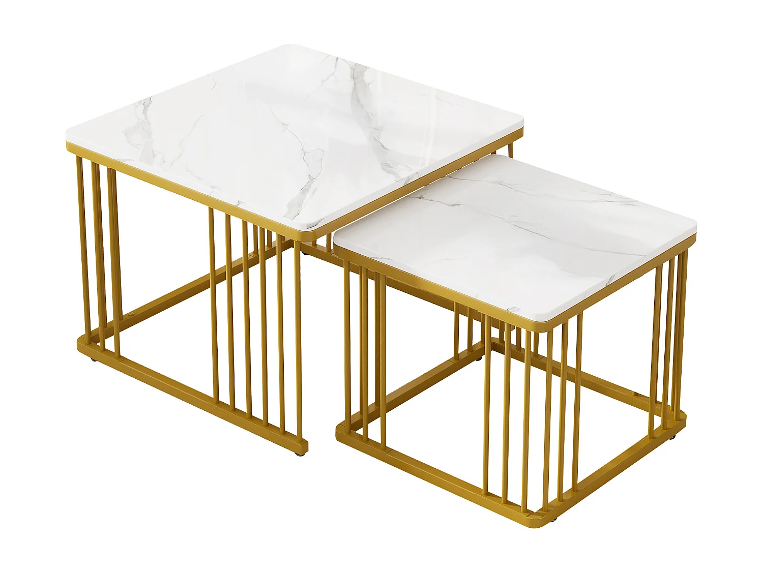 Salontafel 60x60x45 cm en 45x45x40 cm vierkant hoogglans marmerlook, gouden poten, MDF, wit