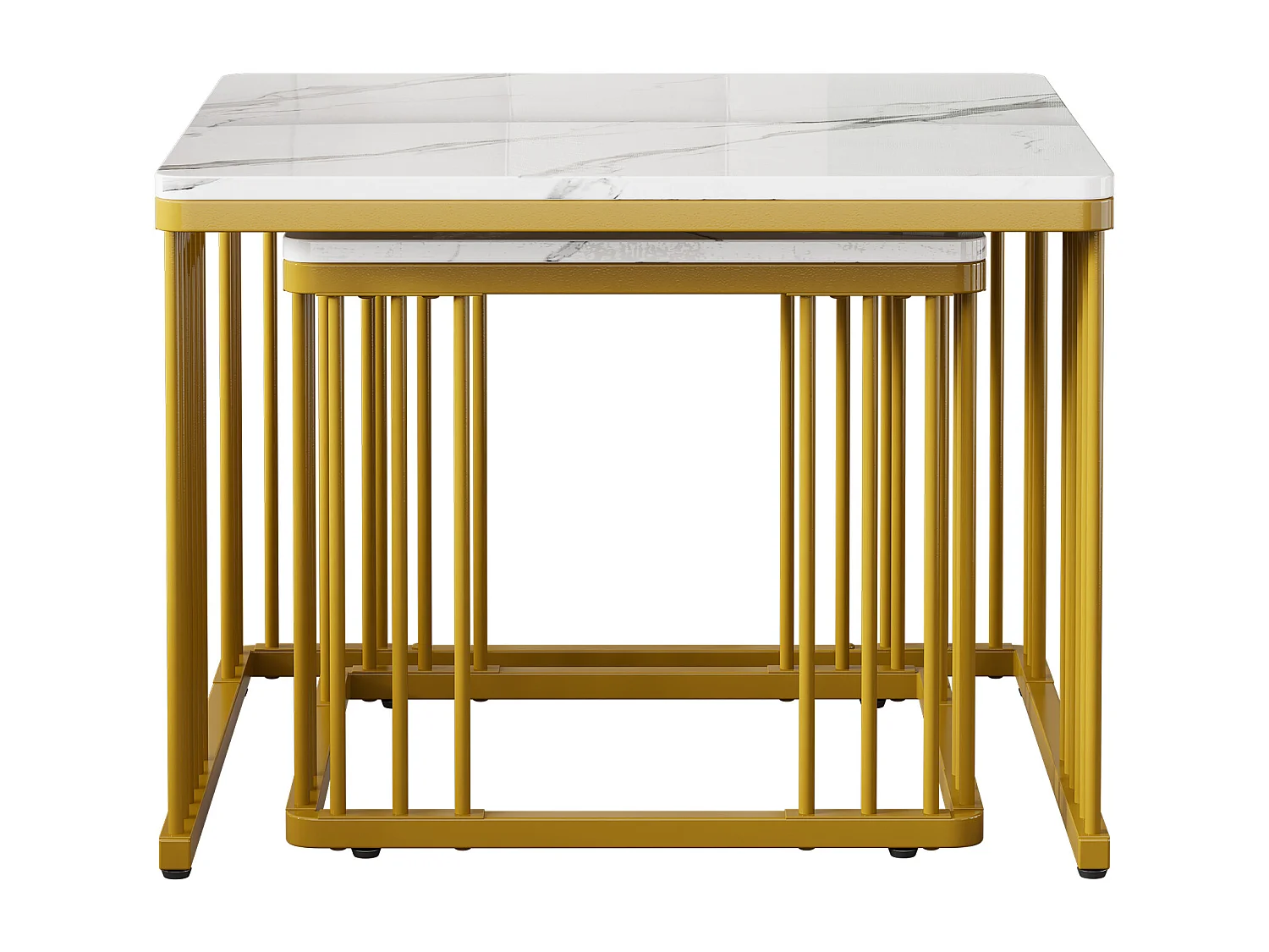 Salontafel 60x60x45 cm en 45x45x40 cm vierkant hoogglans marmerlook, gouden poten, MDF, wit