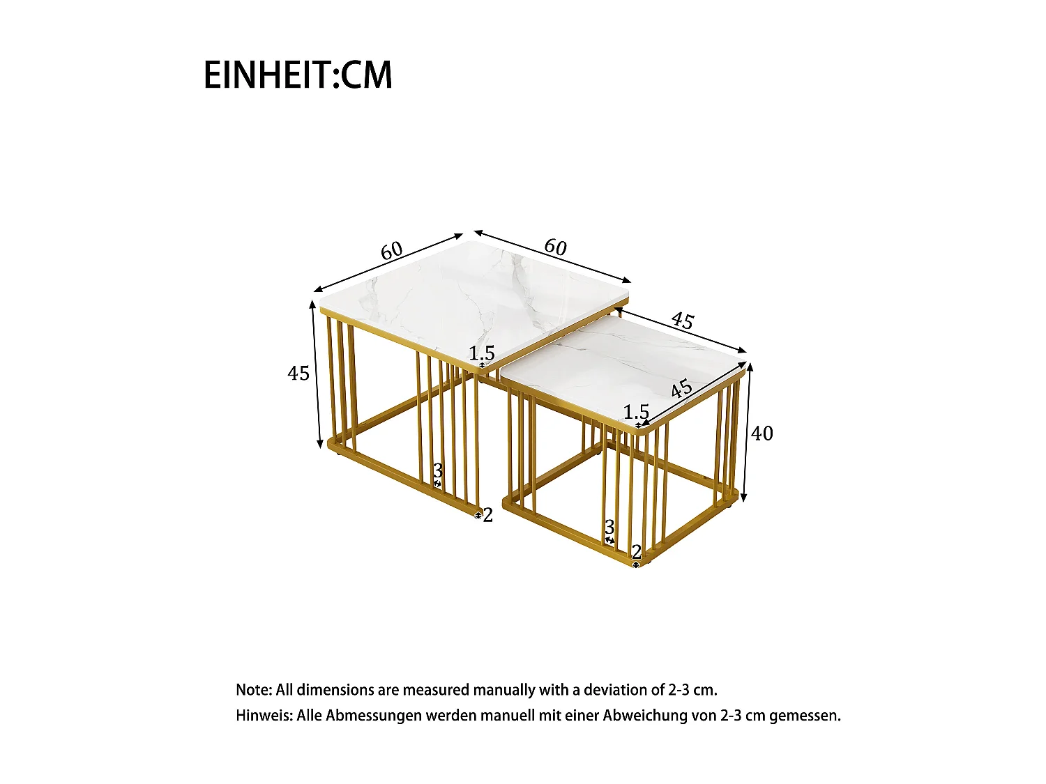 Salontafel 60x60x45 cm en 45x45x40 cm vierkant hoogglans marmerlook, gouden poten, MDF, wit
