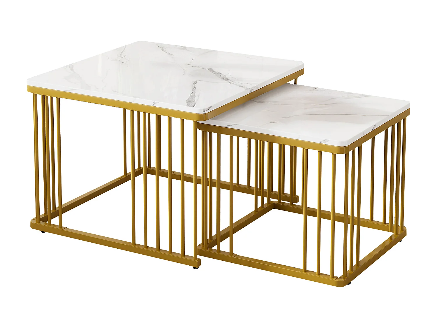 Salontafel 60x60x45 cm en 45x45x40 cm vierkant hoogglans marmerlook, gouden poten, MDF, wit