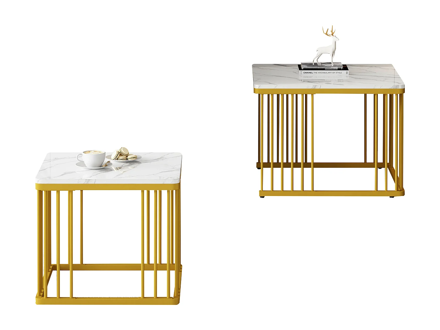 Salontafel 60x60x45 cm en 45x45x40 cm vierkant hoogglans marmerlook, gouden poten, MDF, wit