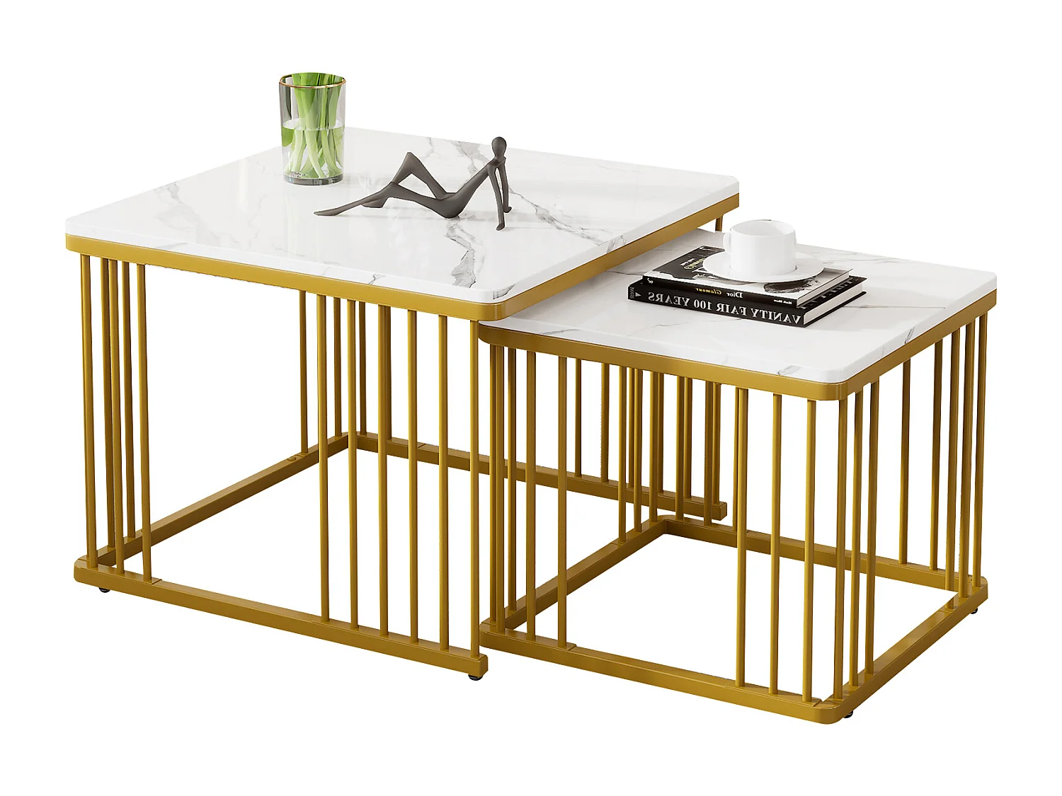 Salontafel 60x60x45 cm en 45x45x40 cm vierkant hoogglans marmerlook, gouden poten, MDF, wit