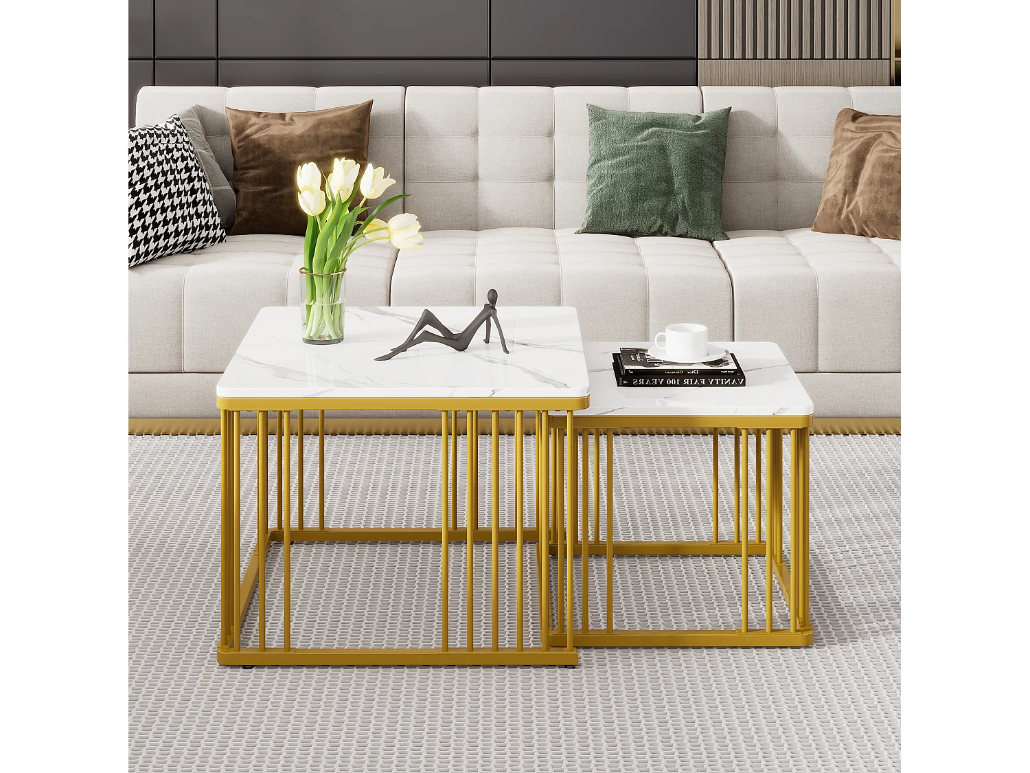 Salontafel 60x60x45 cm en 45x45x40 cm vierkant hoogglans marmerlook, gouden poten, MDF, wit