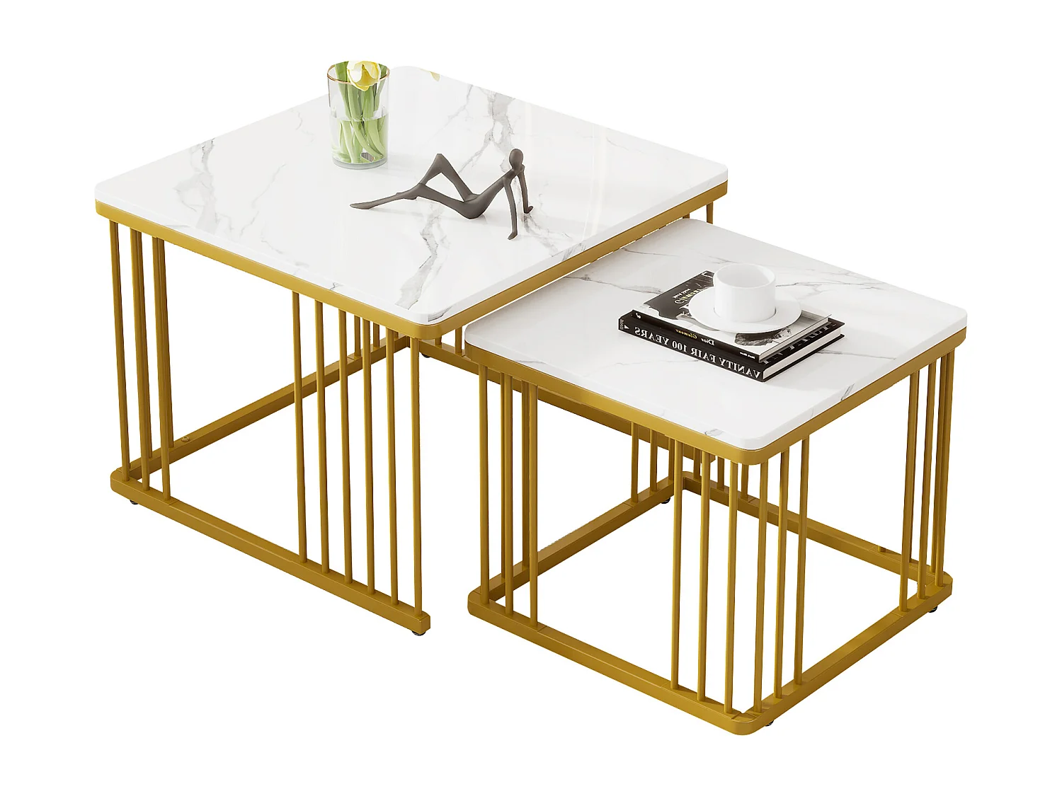 Lot de 2 tables basses carrées 60x60x45 cm et 45x45x40 cm, gigognes, pieds réglables, MDF, blanc