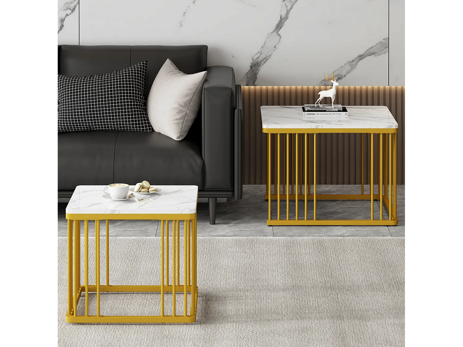 Lot de 2 tables basses carrées 60x60x45 cm et 45x45x40 cm, gigognes, pieds réglables, MDF, blanc