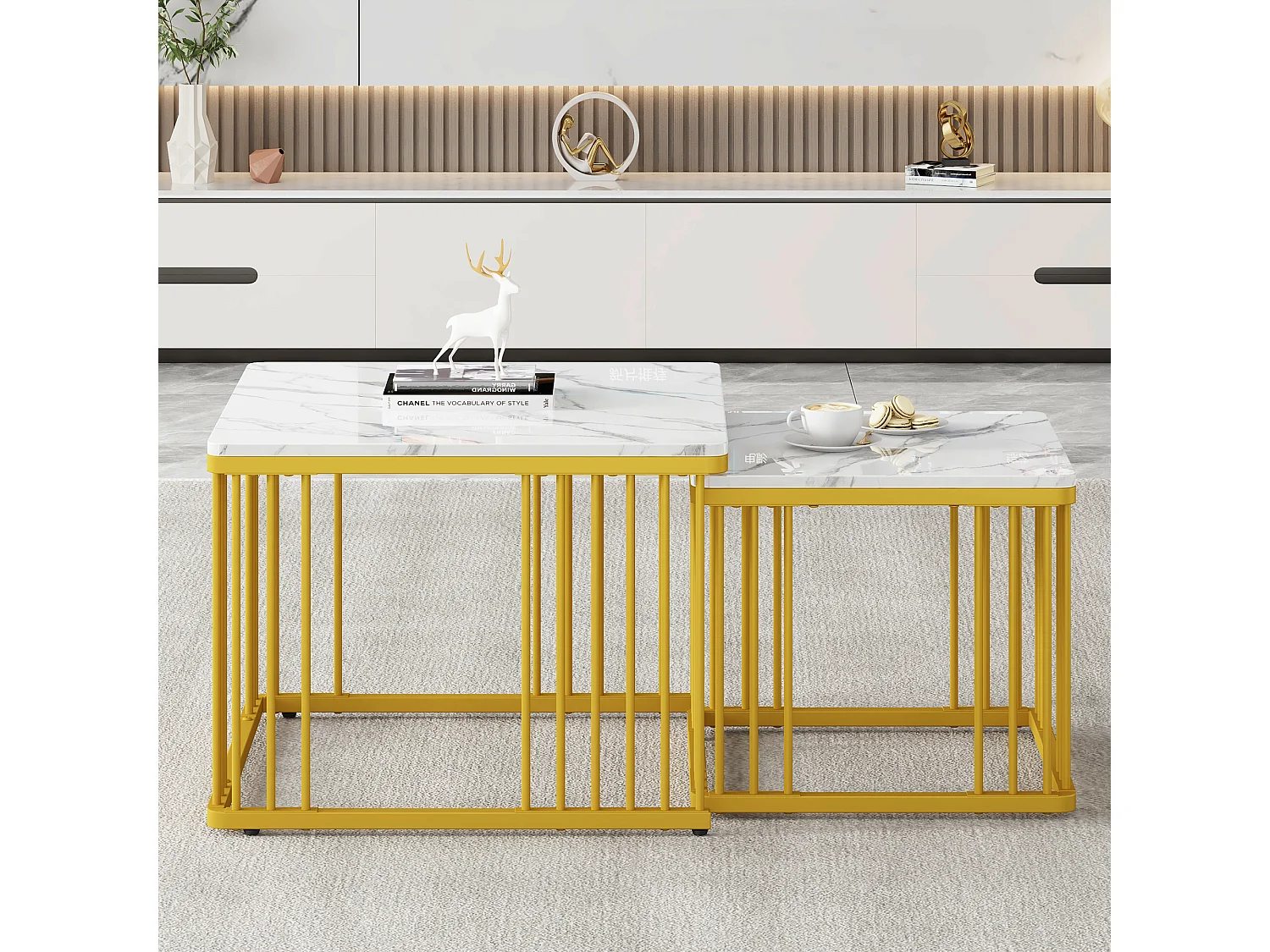 Lot de 2 tables basses carrées 60x60x45 cm et 45x45x40 cm, gigognes, pieds réglables, MDF, blanc