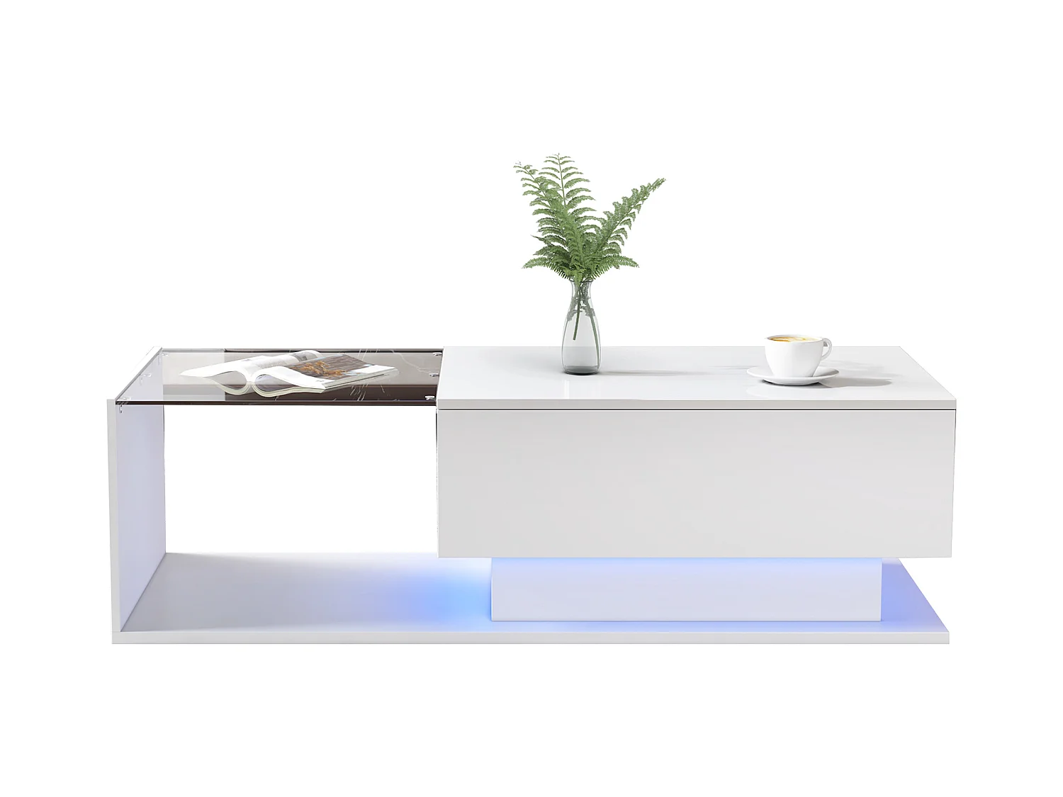 Salontafel 100x50x32cm glanzend met krasbestendig gehard glazen blad LED-verlichting en witte lade