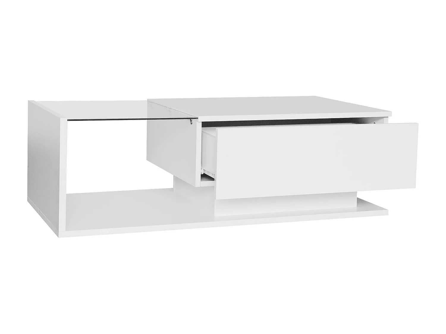 Table basse 100x50x32cm brillant avec plateau verre trempé anti-rayures éclairage LED et tiroir blanc