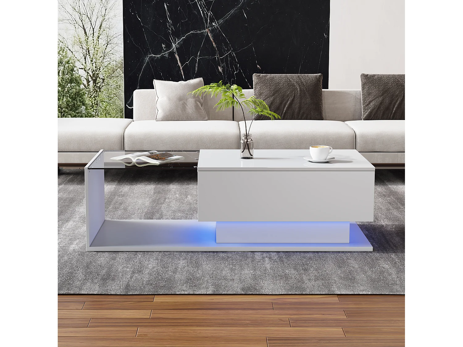 Table basse 100x50x32cm brillant avec plateau verre trempé anti-rayures éclairage LED et tiroir blanc