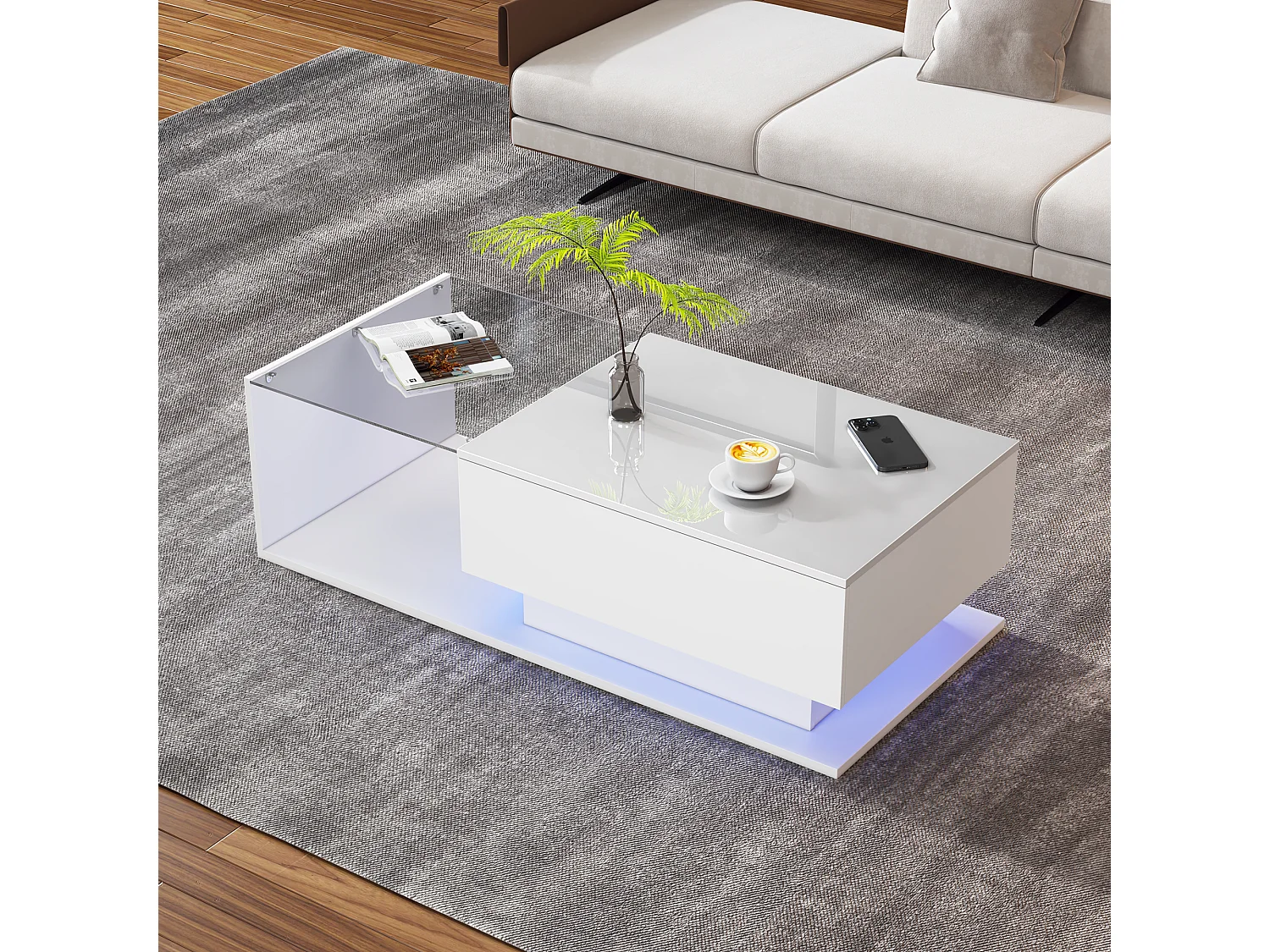 Table basse 100x50x32cm brillant avec plateau verre trempé anti-rayures éclairage LED et tiroir blanc