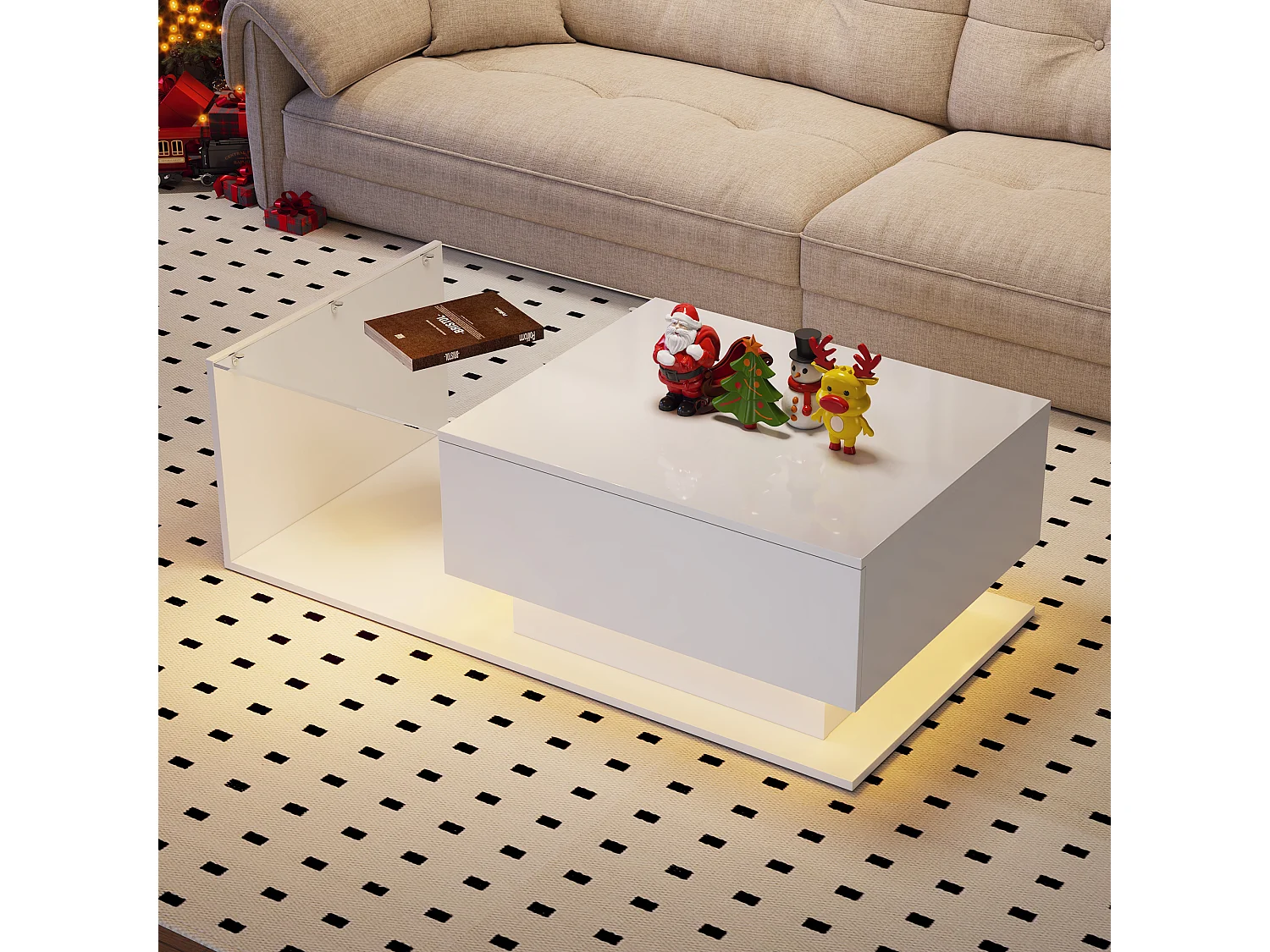 Table basse 100x50x32 cm, éclairage LED, 1 tiroir, plateau en verre, panneau supérieur brillant, panneau de particules, blanc