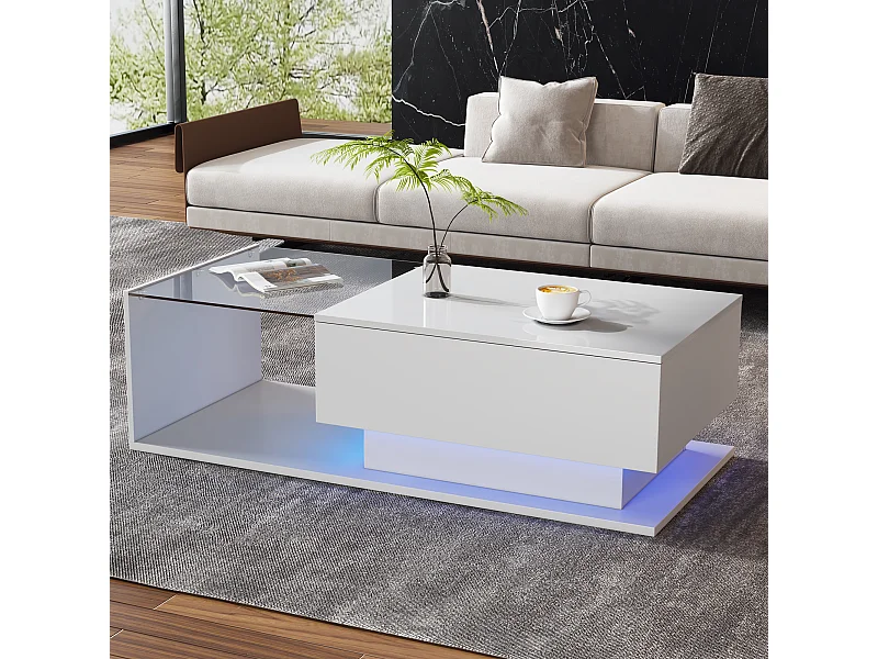 Table basse 100x50x32cm brillant avec plateau verre trempé anti-rayures éclairage LED et tiroir blanc