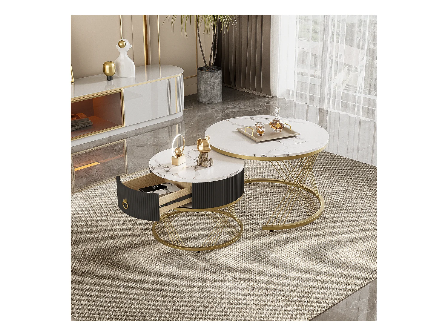 Set van 2 in elkaar passende salontafels 70x70x45 cm bijzettafel met lades wit MDF materiaal voor woonkamer