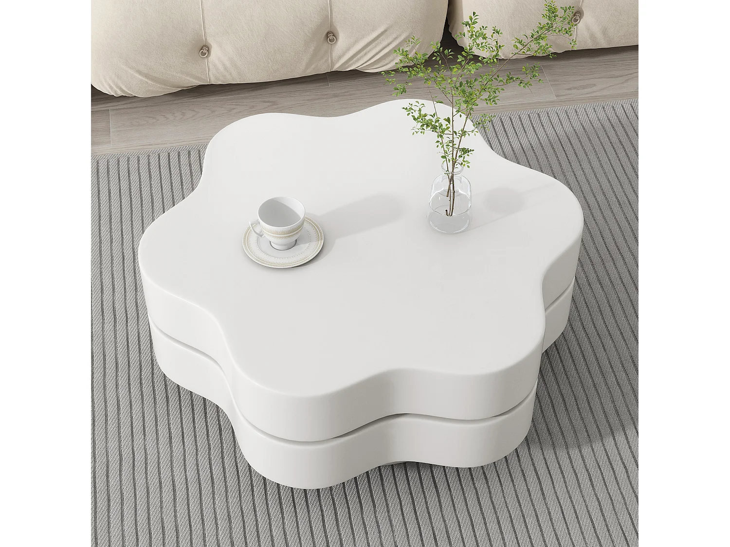 Table basse 74.8x67.5x31 cm, plateau supérieur pivotant 360°, double plateau, MDF, blanc crème