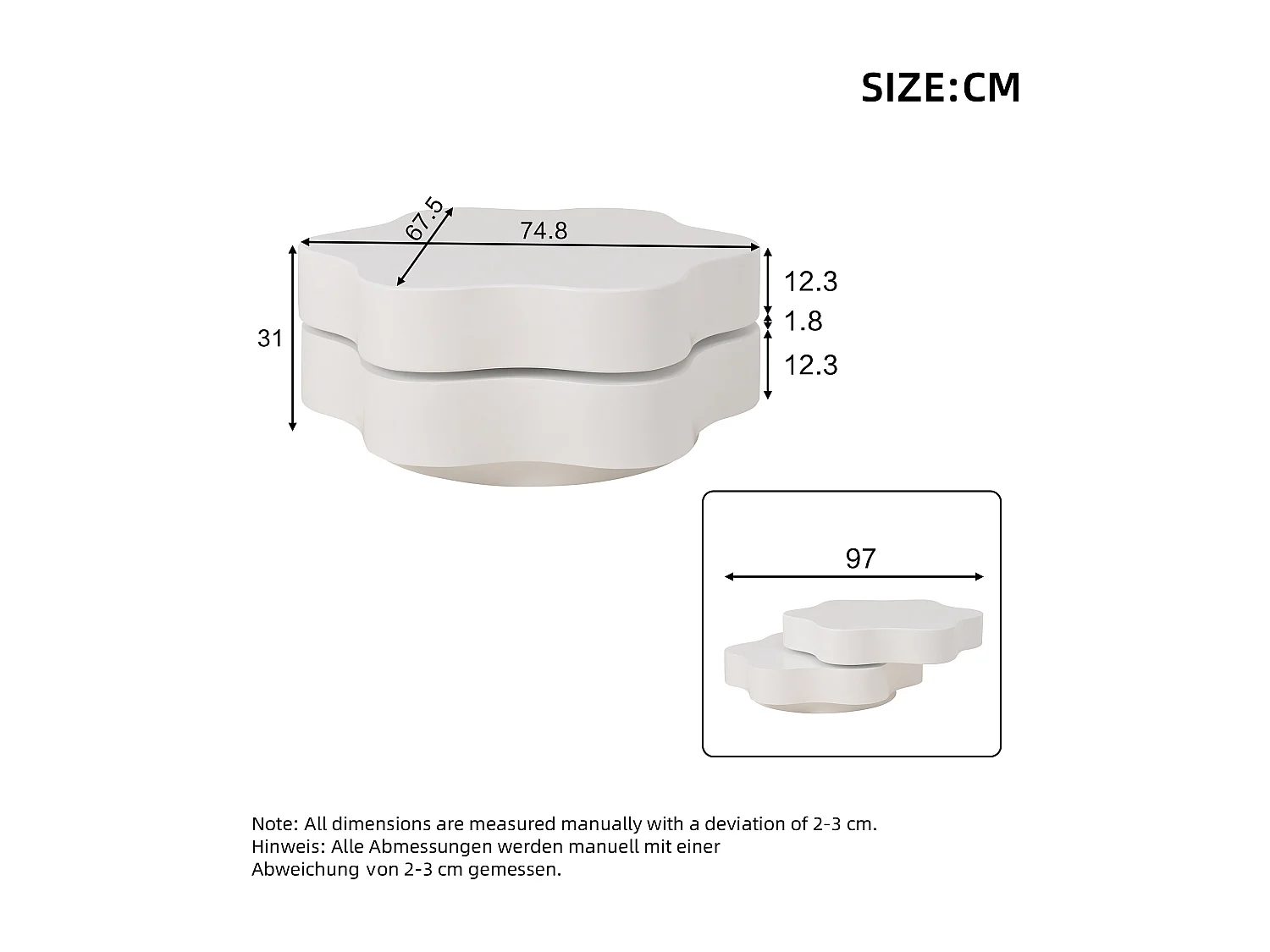 Table basse 74.8x67.5x31 cm, plateau supérieur pivotant 360°, double plateau, MDF, blanc crème
