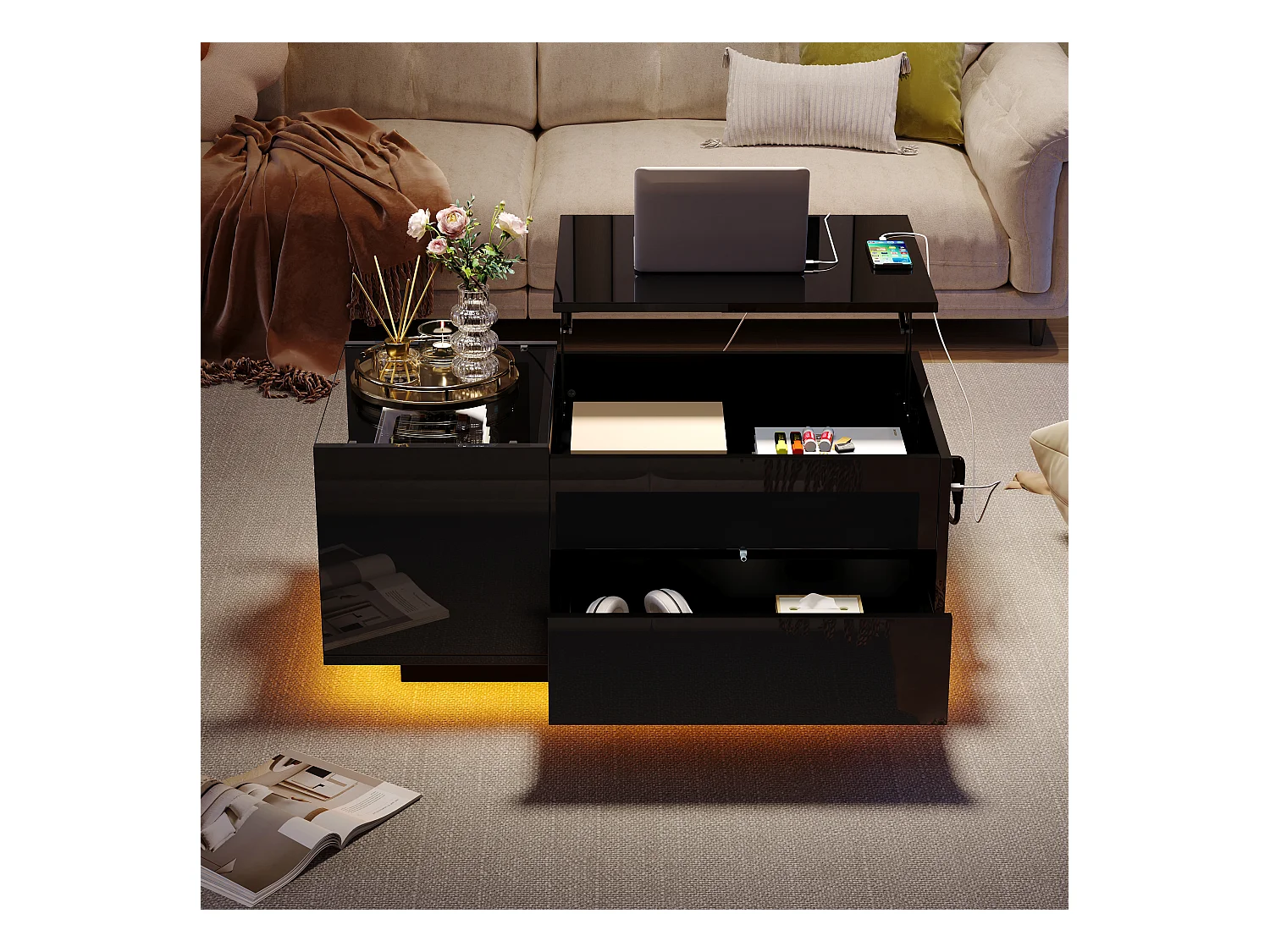 Salontafel 95x48x42 cm LED verstelbare lade geïntegreerde opbergdoos zwart moderne woonkamer