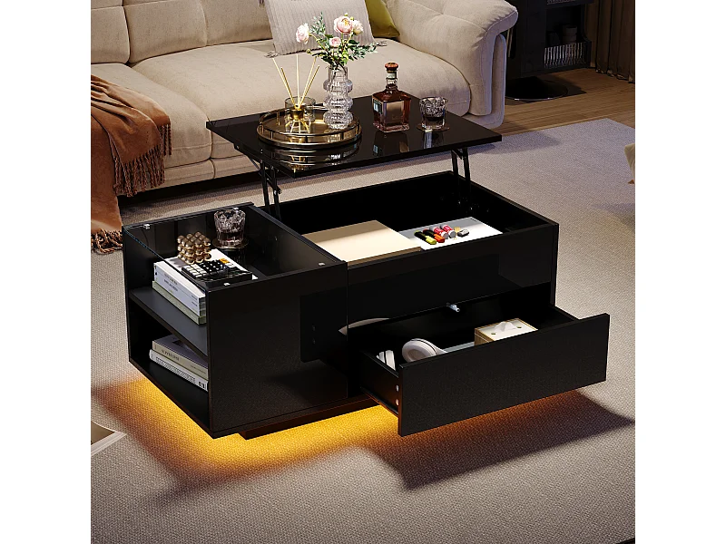 Table basse 95x48x42 cm LED réglable tiroir rangement intégré prise noir salon contemporain
