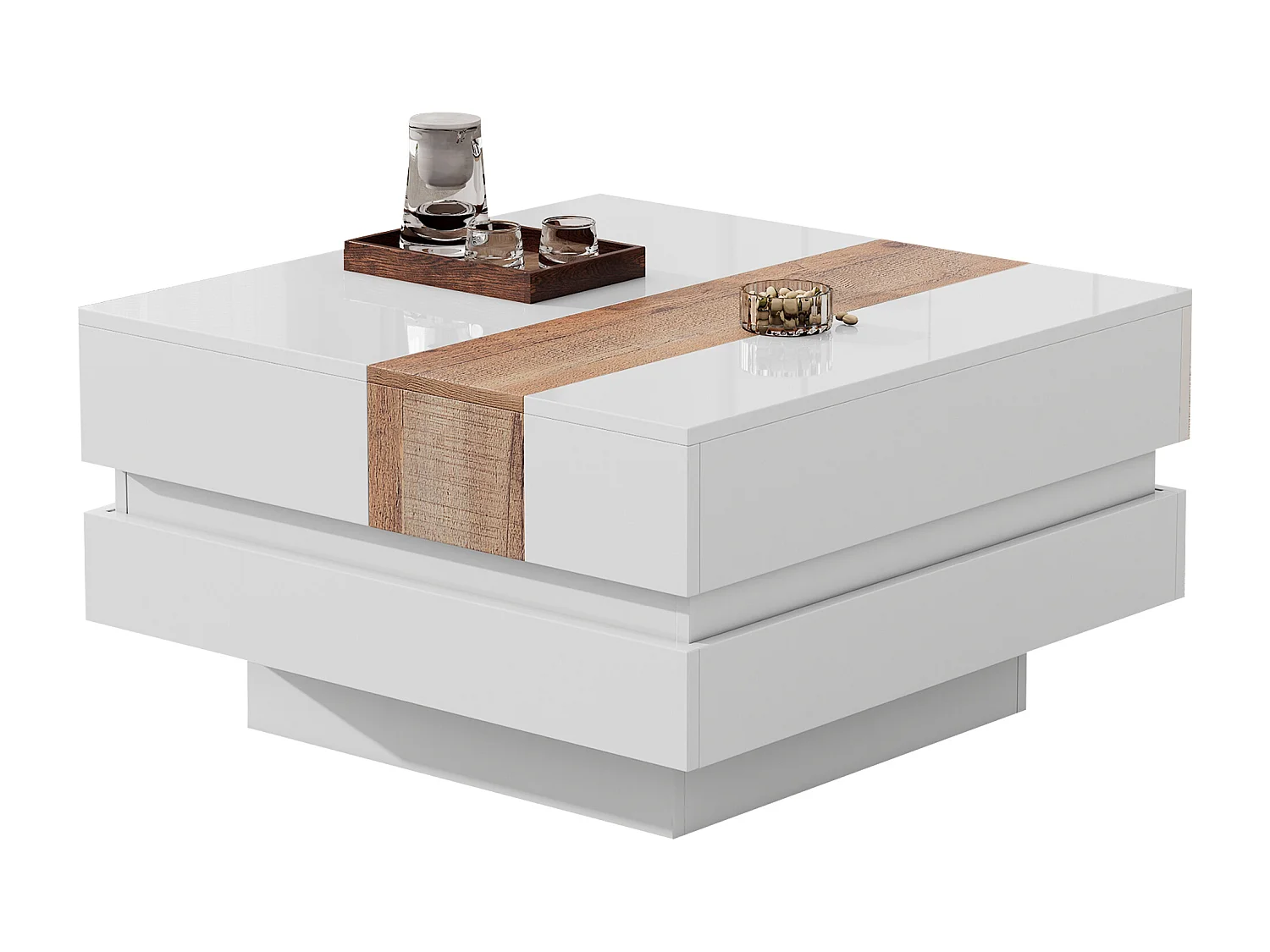 Table basse 70x70x39 cm extensible rangement intégré cloisons carré blanc salon contemporain