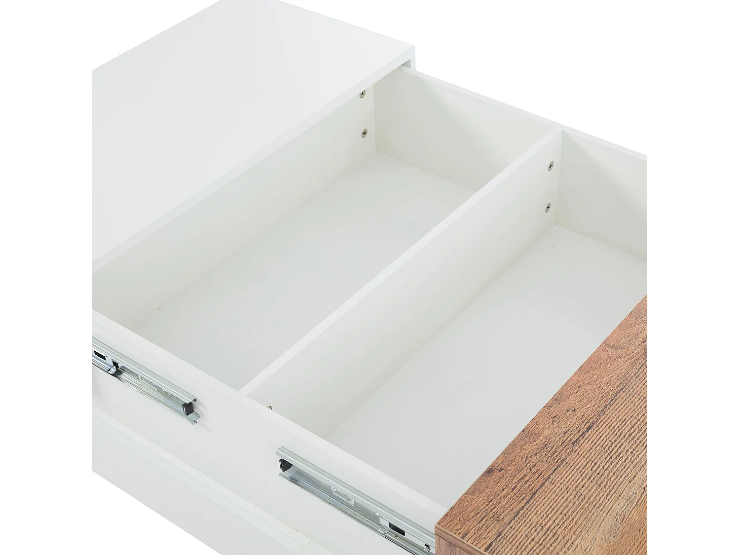 Table basse carrée 70x70x39 cm, plateau extensible, rangement caché compartimenté, panneau de particules, blanc