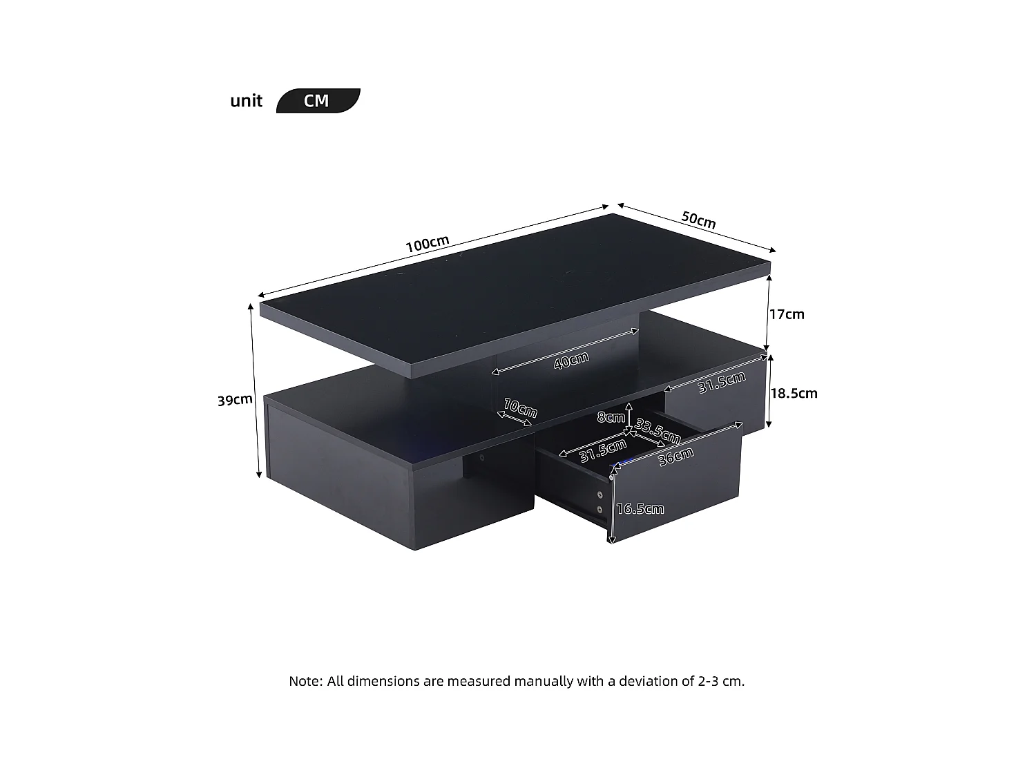 Table basse à deux niveaux LED RGB 16 couleurs surface brillant avec étagère ouverte et tiroir coulissant noir