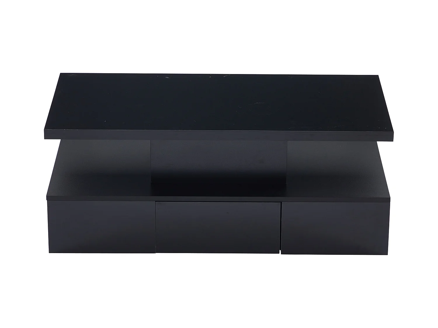 Table basse à deux niveaux LED RGB 16 couleurs surface brillant avec étagère ouverte et tiroir coulissant noir