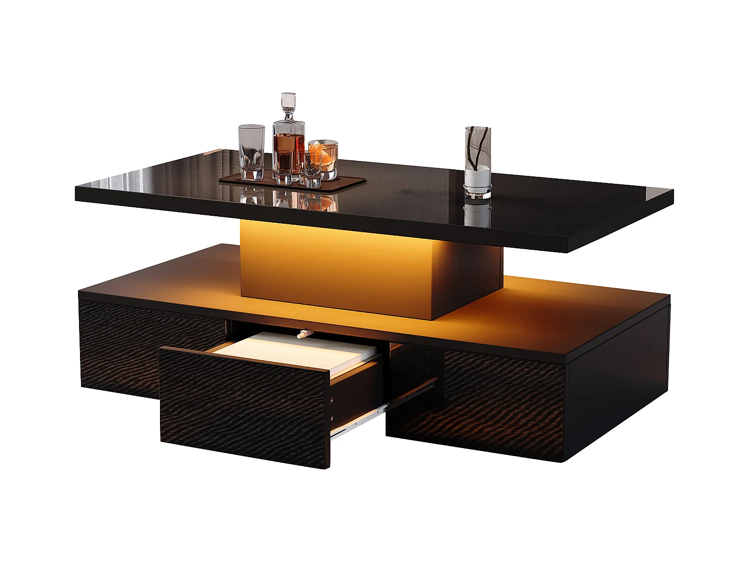 Table basse à deux niveaux LED RGB 16 couleurs surface brillant avec étagère ouverte et tiroir coulissant noir