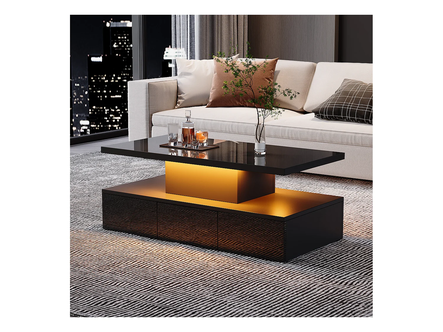 Table basse à deux niveaux LED RGB 16 couleurs surface brillant avec étagère ouverte et tiroir coulissant noir